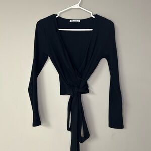 Zara Black Textured Wrap Long Sleeve Top